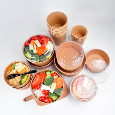 Kraft Paper Food Takeaway Box Fruit Salad Packaging Containers With Plastic Cover